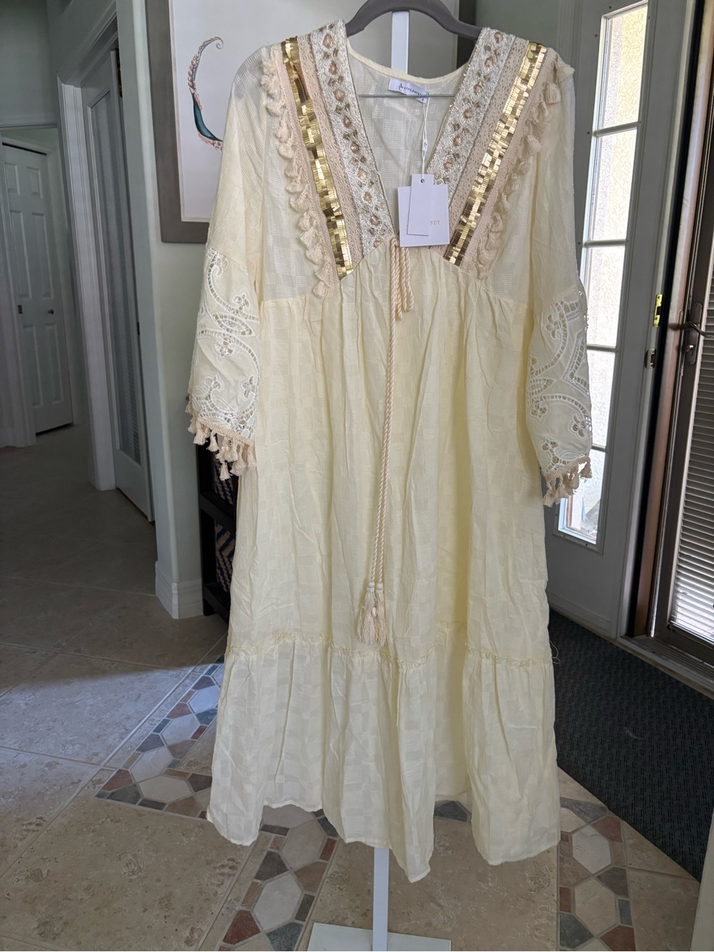#188 Embroidered V-Neck Midi Dress with Tassel Detail in Cream